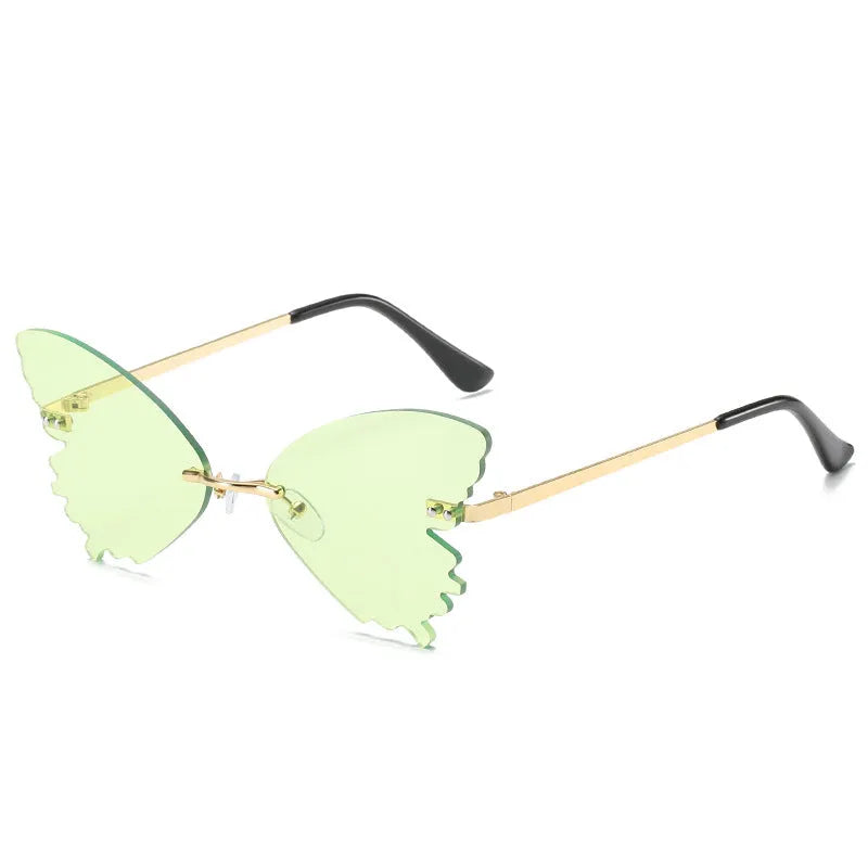 Butterfly rimless sunglasses with UV400 protection, vintage style, plastic and metal frame, available in blue green grey pink purple red yellow