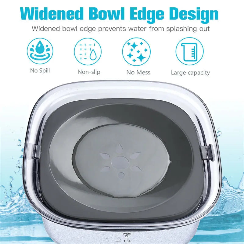 Large transparent pet water bowl with floating slow-feeder disk inside.