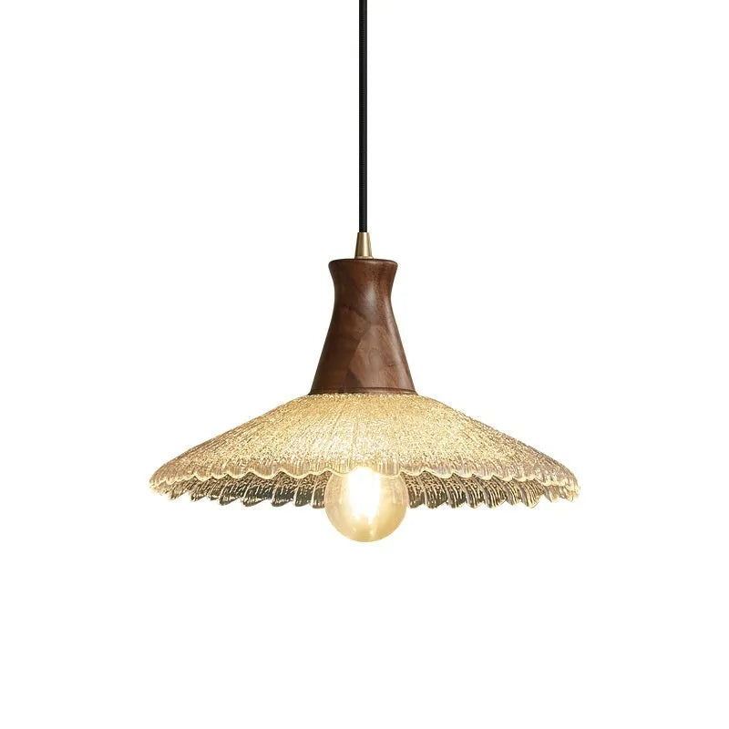 Retro-style wood and glass ceiling chandelier with brass accents in three sizes.