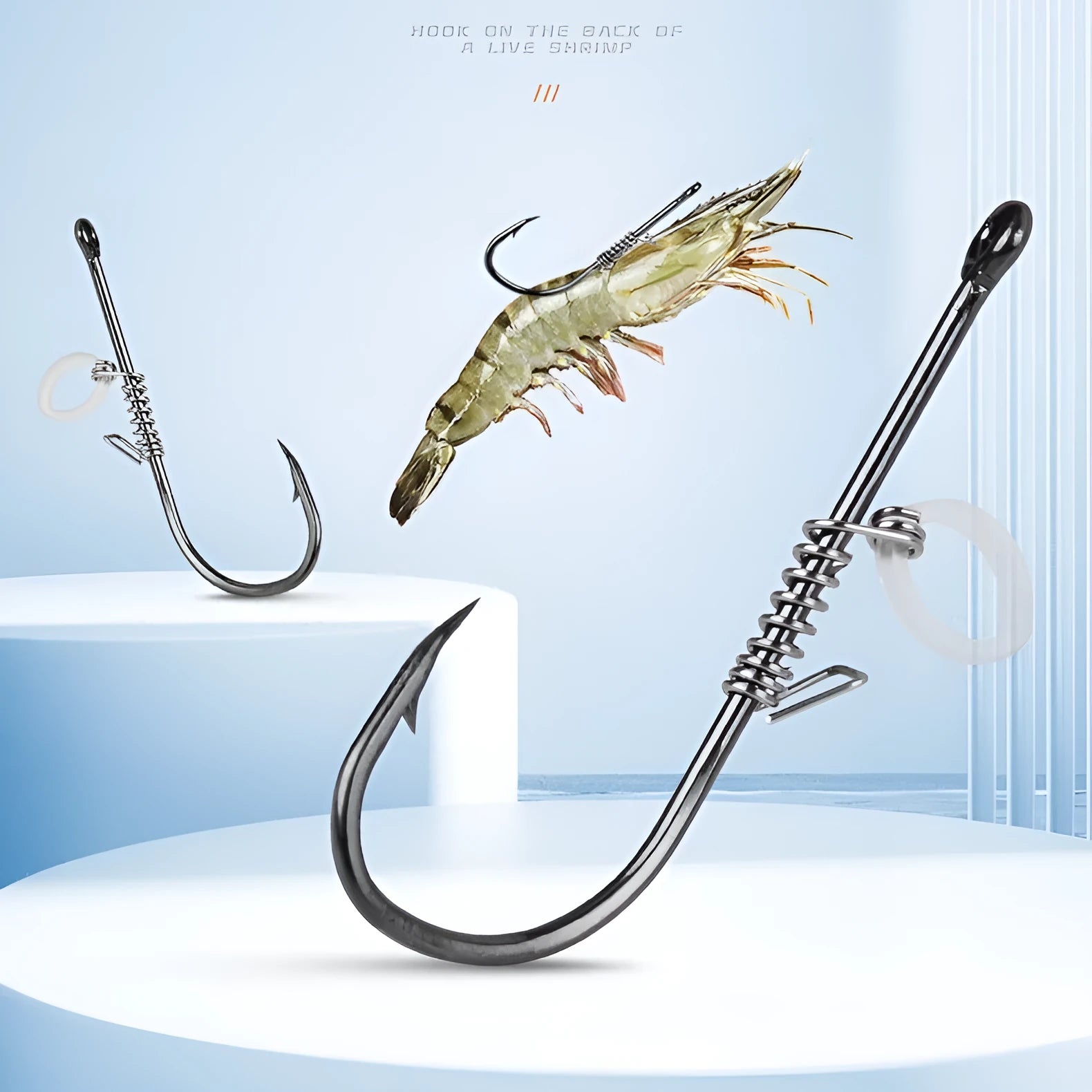 Pack of 10 spring rubber band sea fishing hooks for live shrimp, barbed points, sizes No 2 to No 5/0