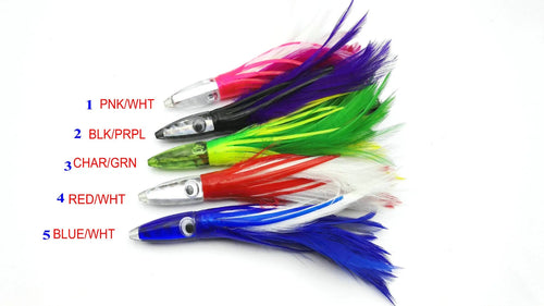 Acrylic sea fishing lure with resin fish head, feathered dress, and octopus headband, 14cm 32g