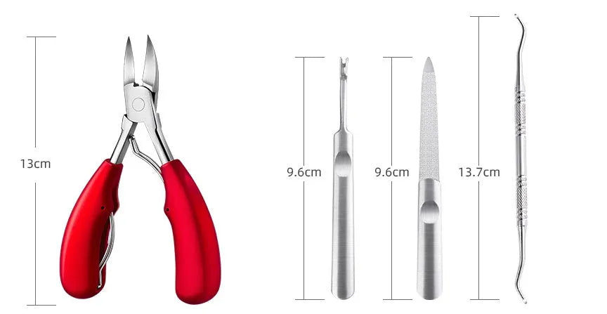 Professional stainless steel manicure set with nail clippers, dead skin scissors, trumpet tool, and coloured ABS handles.
