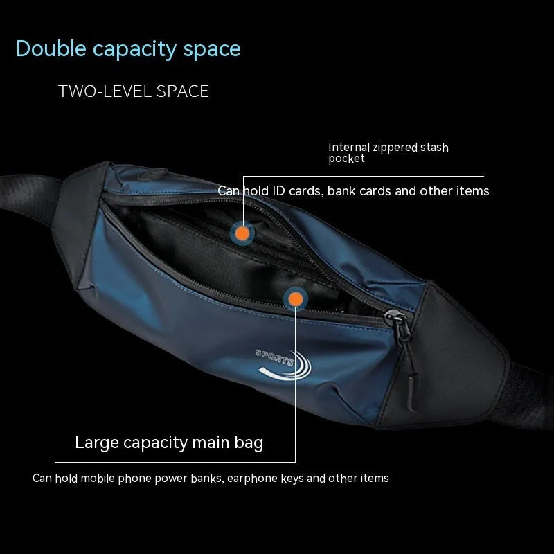 Men's black waterproof waist bag with adjustable strap for sports.