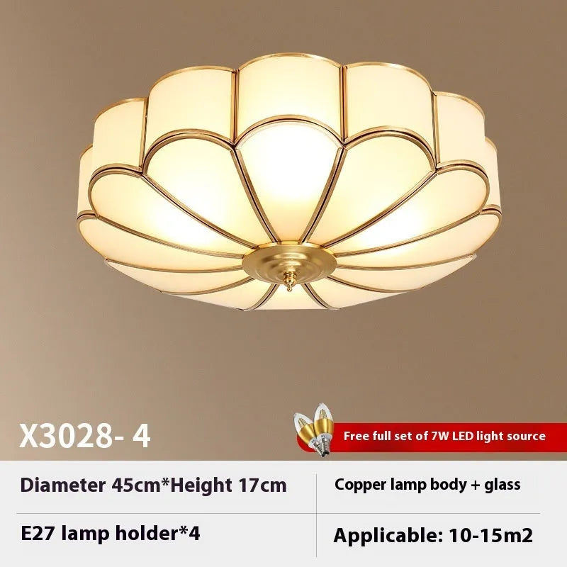 Household copper LED ceiling lamp with simple American design, 45cm diameter, for bedroom or study