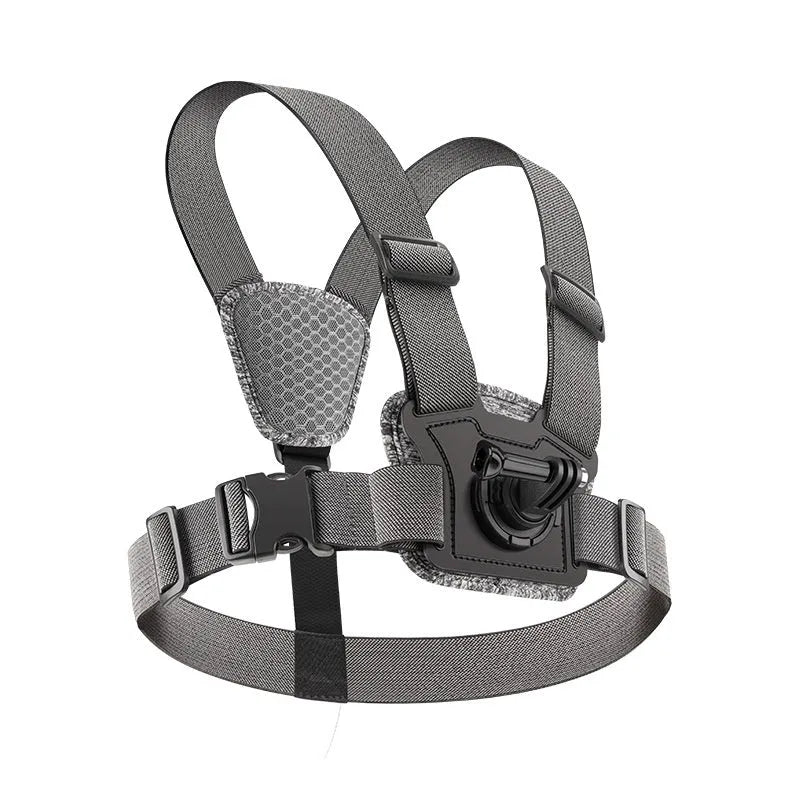 Chest mount for dual-camera action camera setup with adjustable strap, phone clip, and anti-shake rope