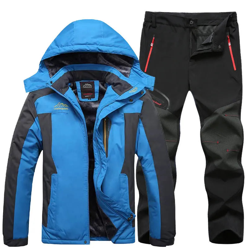 Men's outdoor windproof jacket set with jogging pants in black and army green colour block