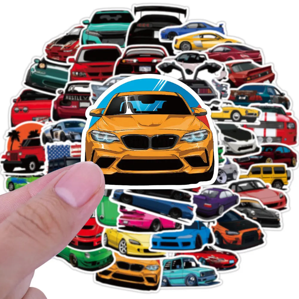 50 modified racing car graffiti stickers, 5-8cm adhesive decals for luggage and laptop decoration
