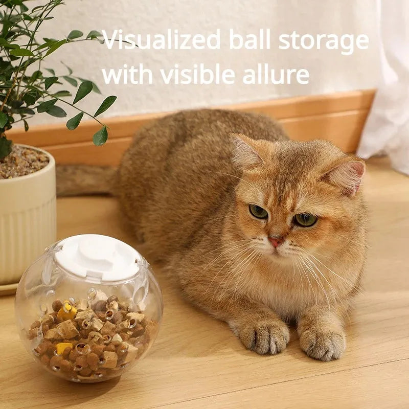Blue ABS plastic cat slow feeder ball toy with visible treat holes on a white background.
