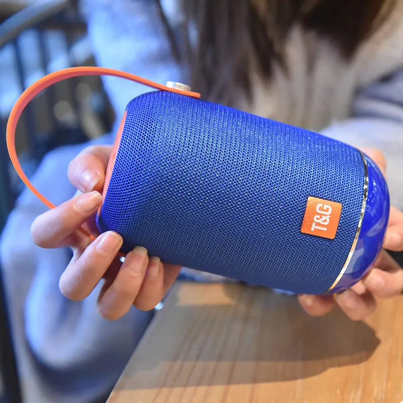 TG107 fabric portable Bluetooth speaker in blue with USB power, 10W output, and card insertion function