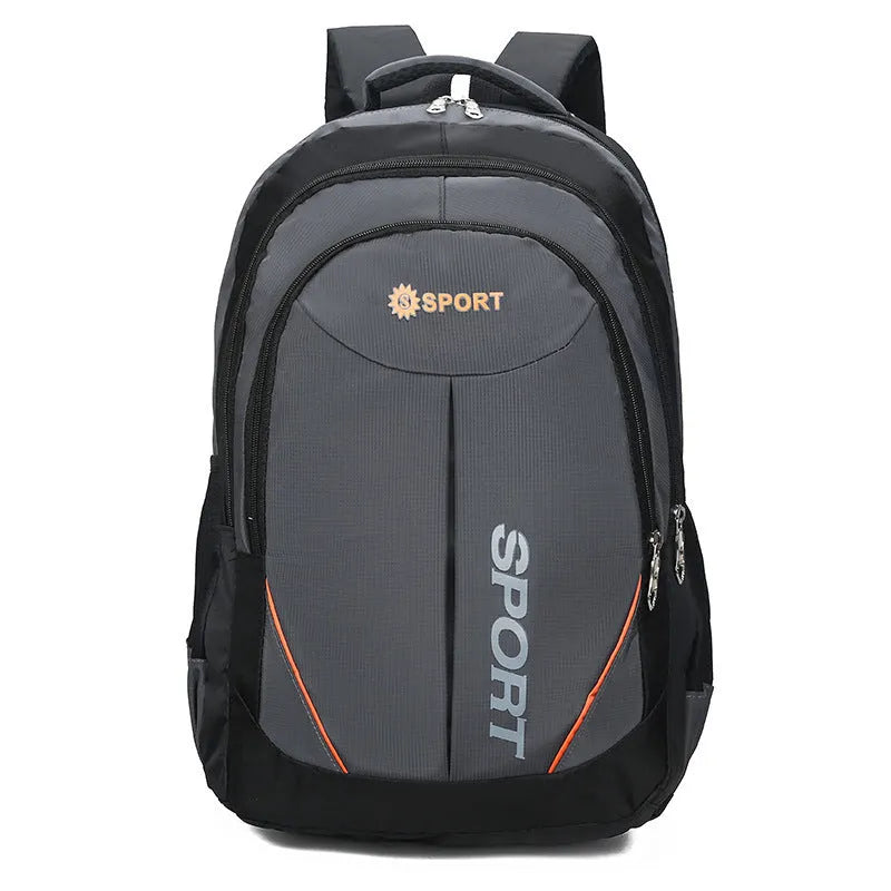 Men's nylon backpack with curved shoulder straps in black, blue, grey or red with letter detailing