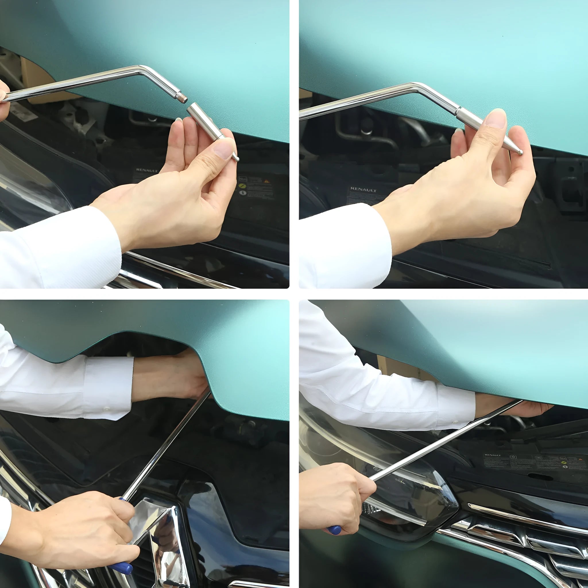 Three alloy steel car dent repair crowbars and hooks on a workshop bench.