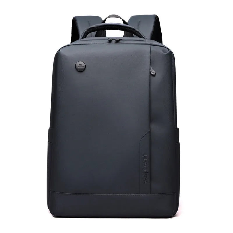 Men's large capacity nylon computer backpack in black with curved shoulder strap and polyester lining