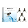 Five small square TPR and soft silicone insect imitation fishing lures on a blue background.