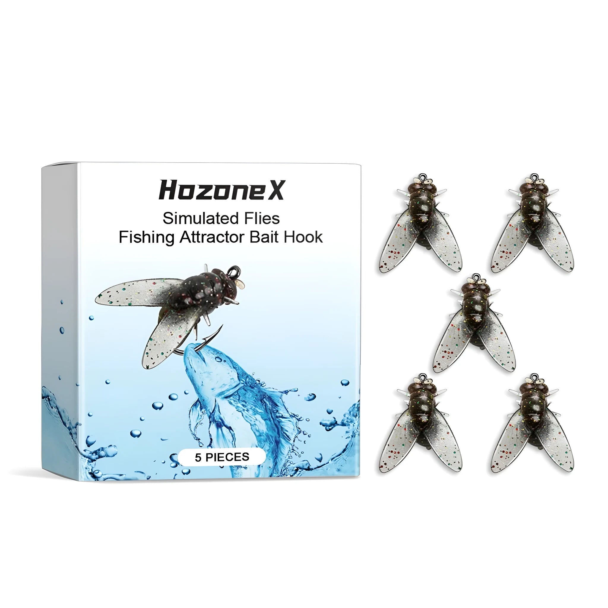 Five small square TPR and soft silicone insect imitation fishing lures on a blue background.