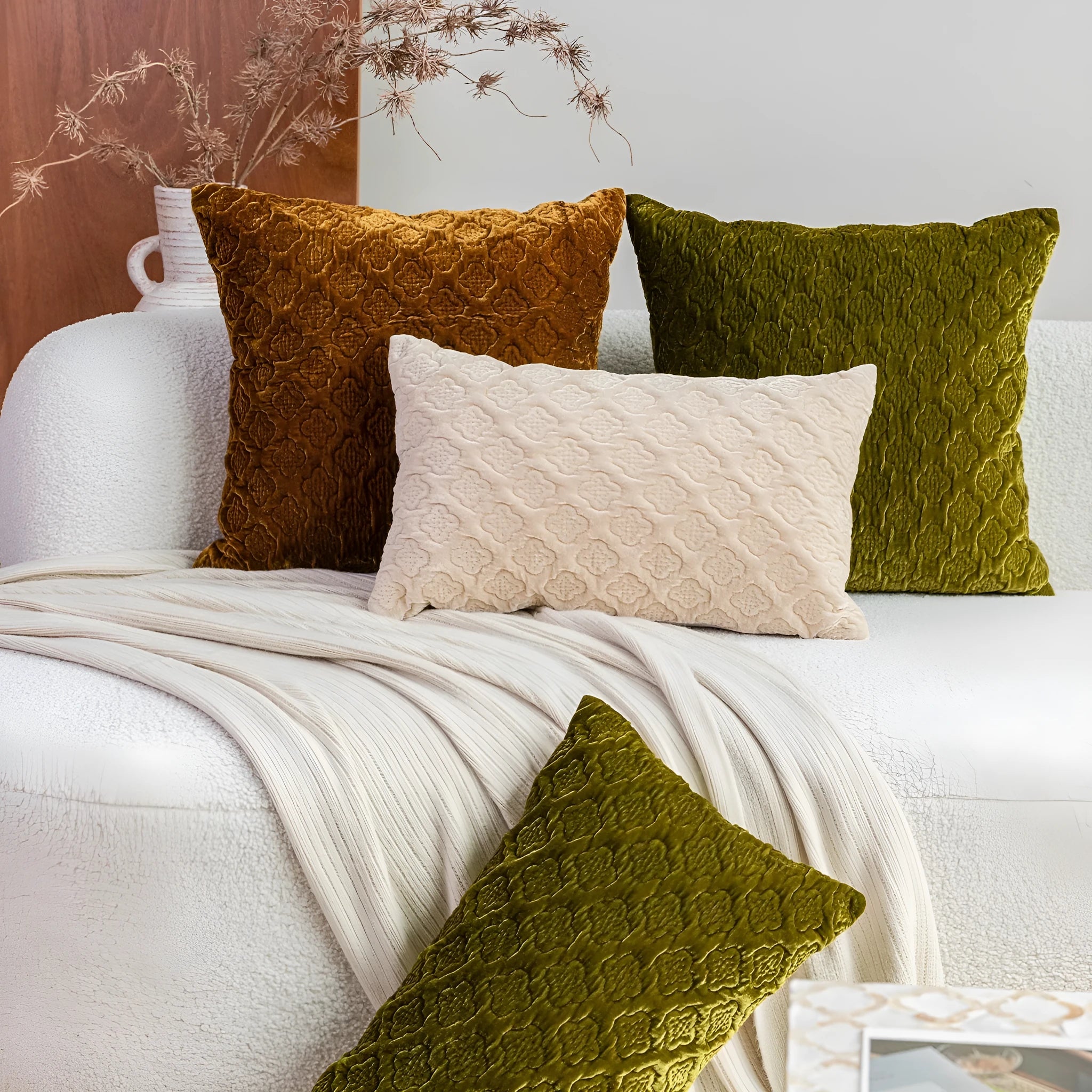 Chinese antique style quilted cushion pillow in brown gold, autumn green, or beige colours