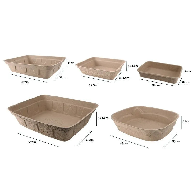 Brown disposable biodegradable cat litter box shown in three size variants.