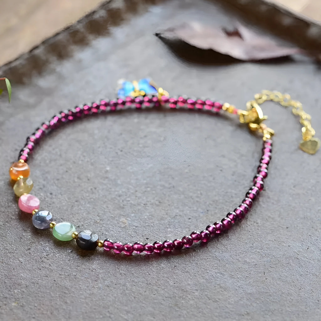 Purple garnet geometric ethnic style women's anklet with adjustable length