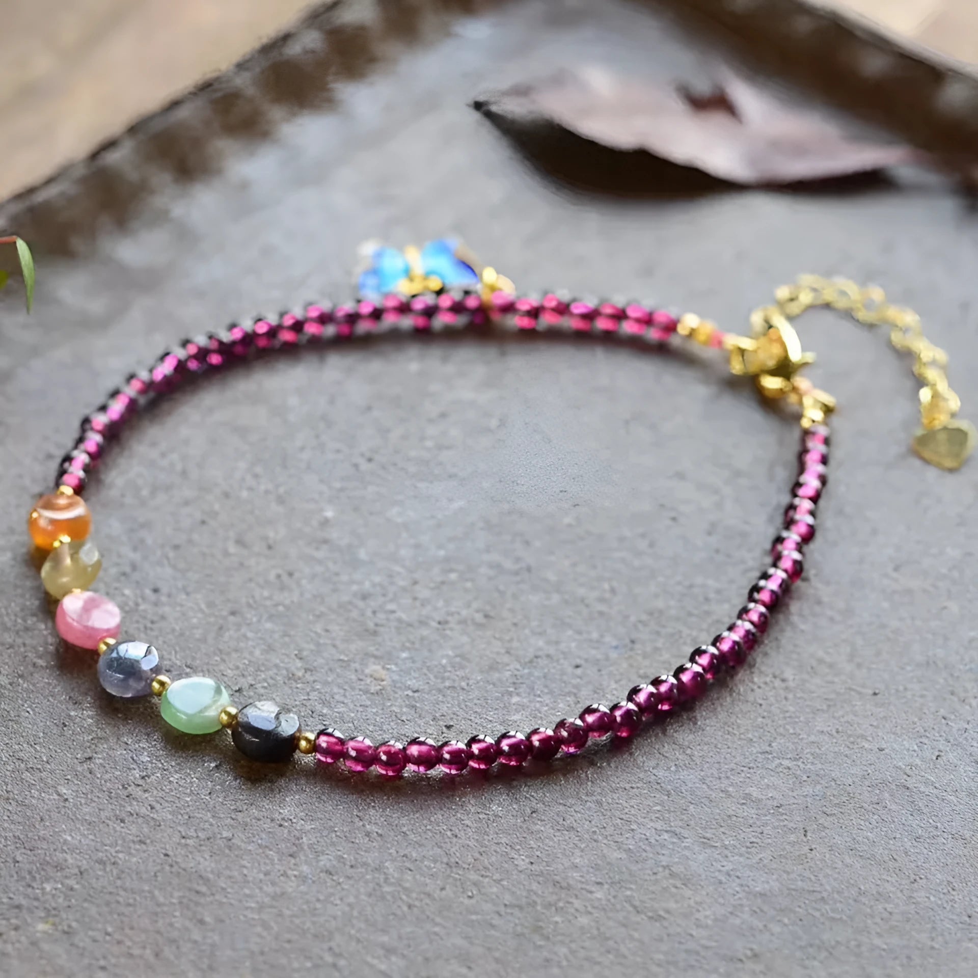 Purple garnet geometric ethnic style women's anklet with adjustable length