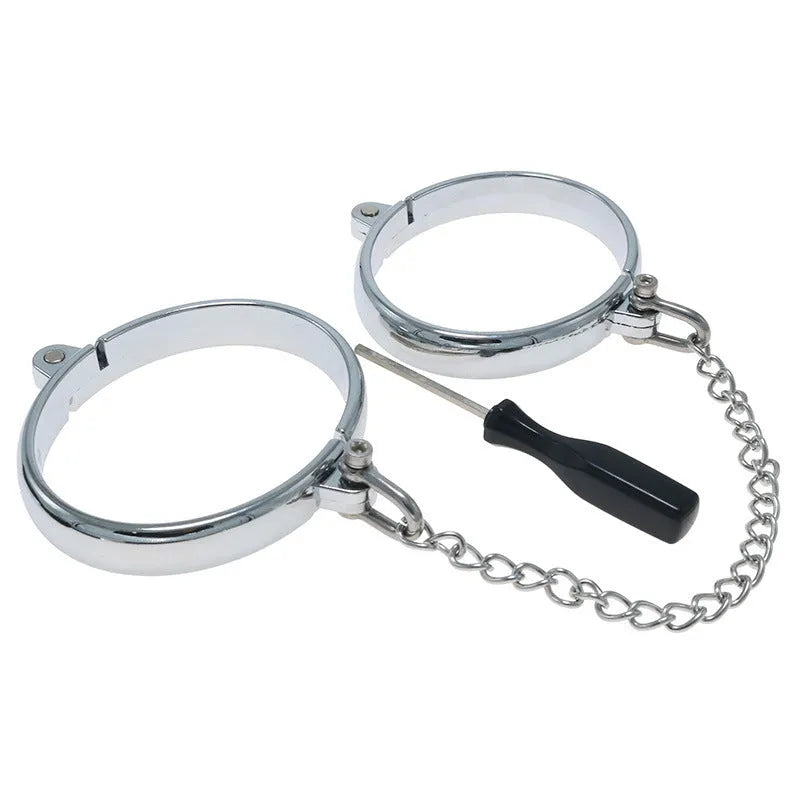 Silver zinc alloy handcuffs and footcuffs set with stainless steel bracelet for adult novelty use