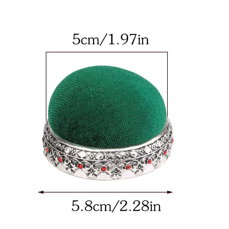 Retro needle ball head pin cushion with alloy pin insert, velvet fabric in red or green, cross stitch sewing accessory.