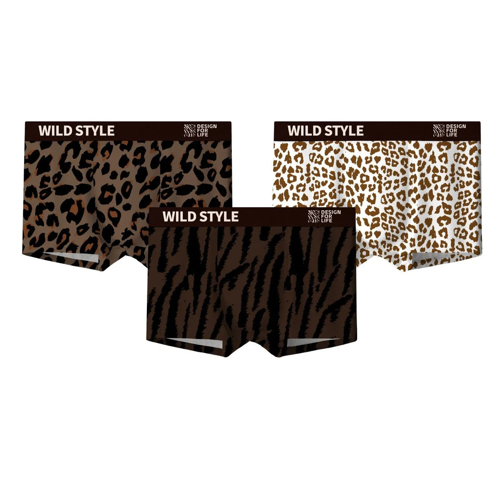 Men's leopard print polyester ice silk underwear showing mid waist design.