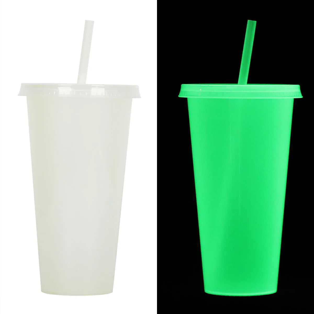 A tall, cylindrical 720ml Halloween-themed luminous plastic straw cup with a black straw, shown in one of six colour options.