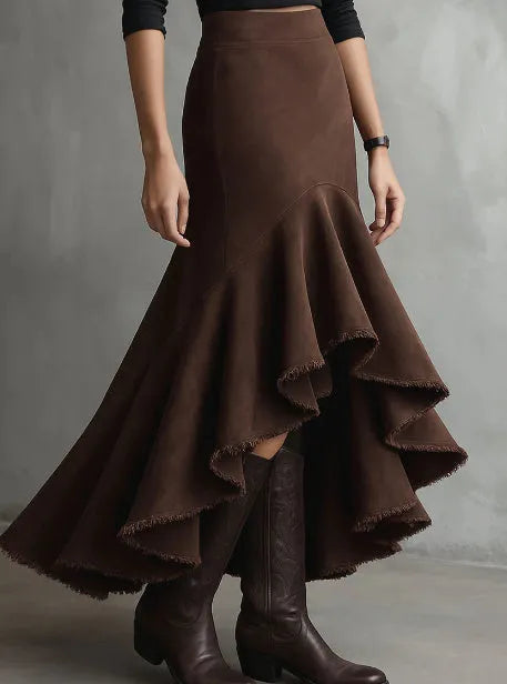 Brown women's maxi skirt with high-low hem and front ruffle detail