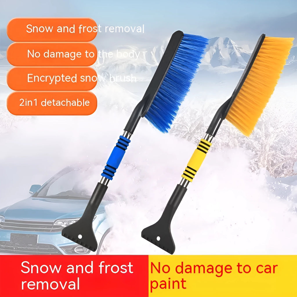 Yellow and blue telescopic car snow brushes with a separate black snow ploughing blade on a white background.