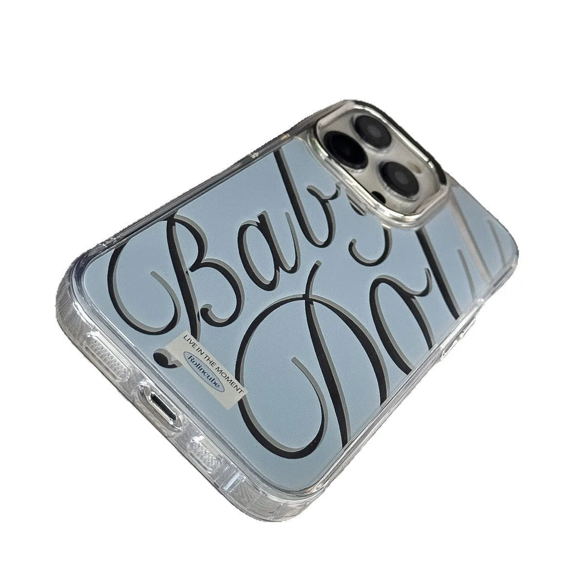 Transparent blue iPhone case with mirrored English letters and a frosted TPU finish.