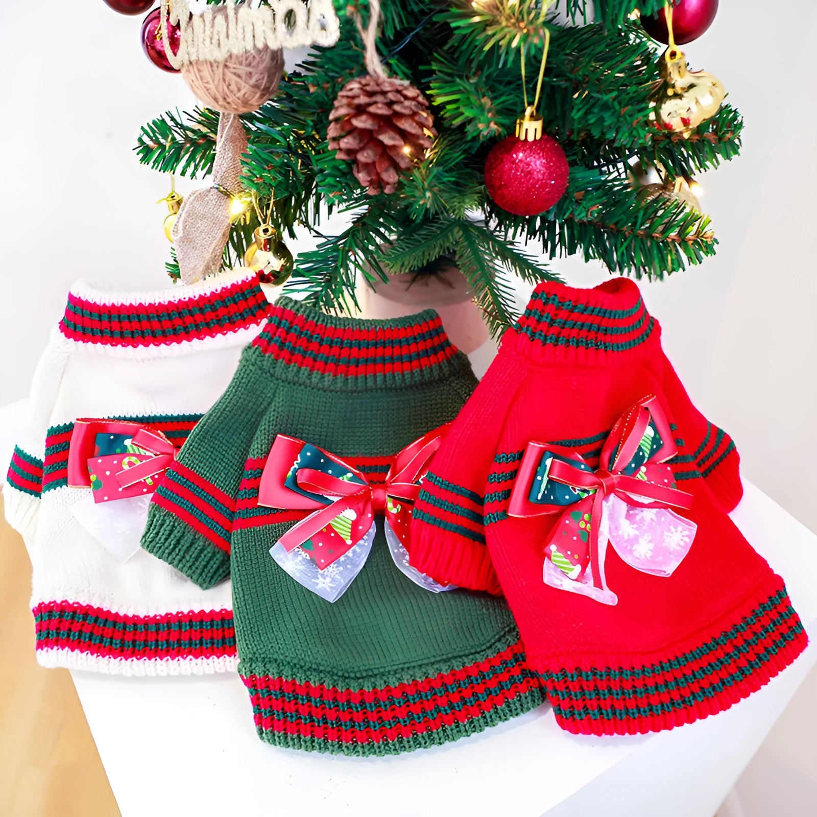 Red dog wearing Christmas-themed polyester jumper for holiday events
