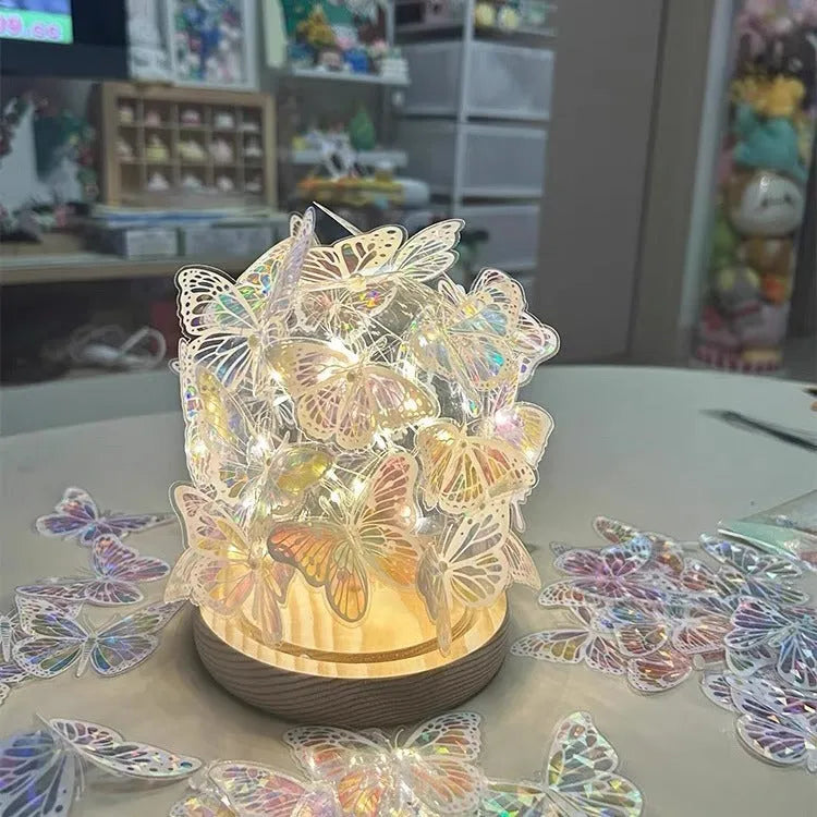 Handmade butterfly night lamp with glass shade on raw wood base, bedroom ambience lighting