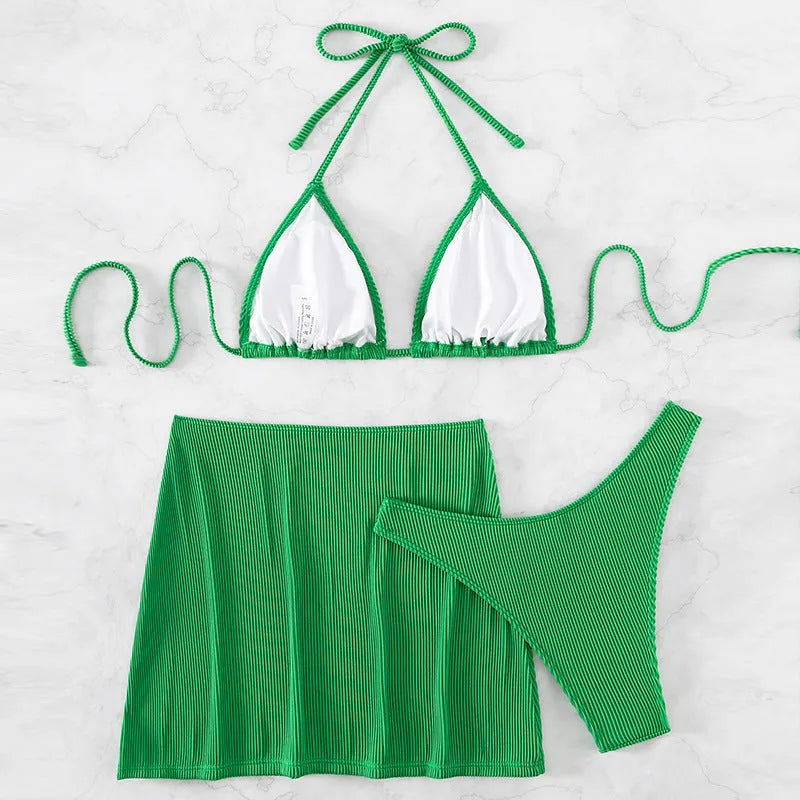 Three-piece rib fabric bikini swimsuit in khaki, black and white, green, and emerald green colour options