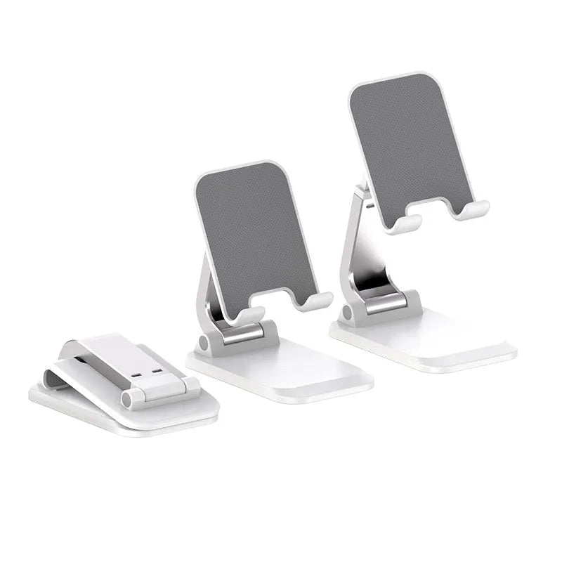 Folding portable desktop phone and tablet stand in black, white, blue, or pink colour