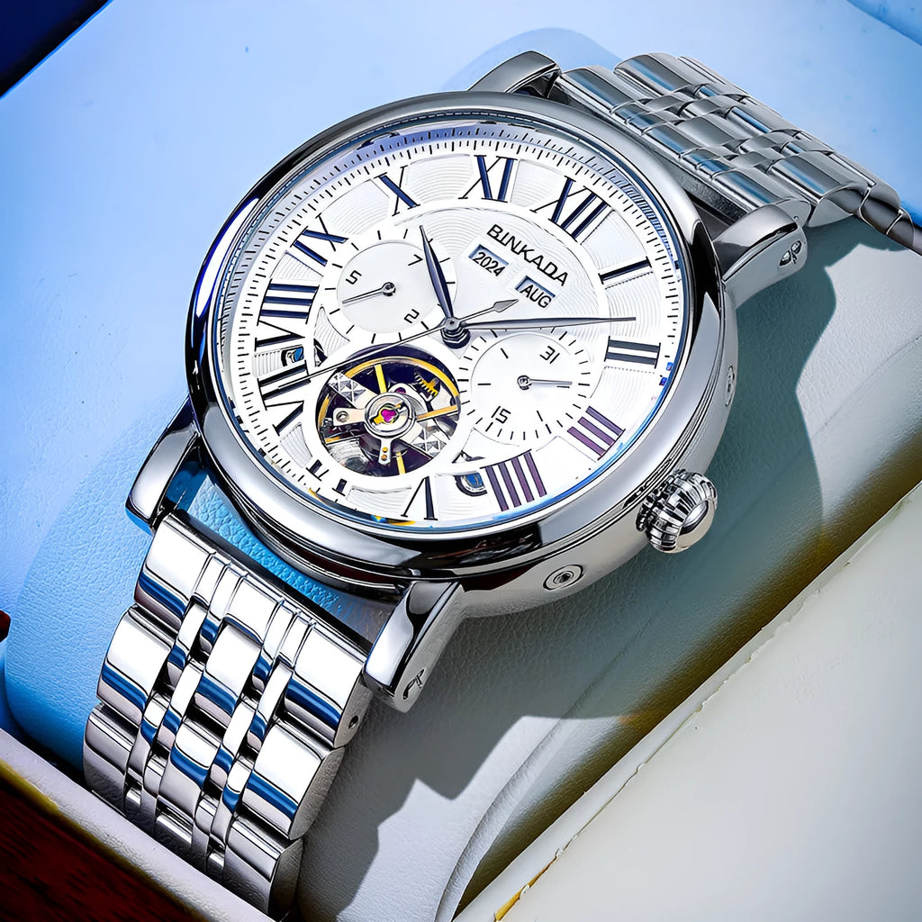 Men's automatic waterproof watch with stainless steel bracelet in business styling