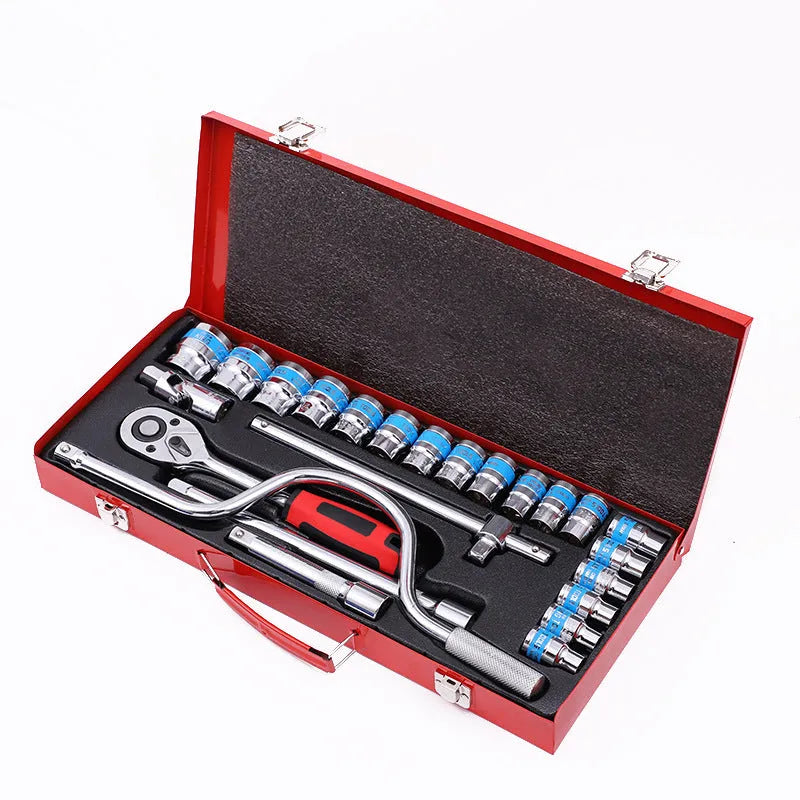 24-piece curved bow car repair wrench set in storage case with chrome vanadium steel sockets