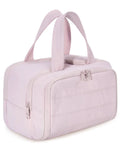 Large fluffy polyester travel toiletry bag in multiple colours, shown open to reveal soft interior.