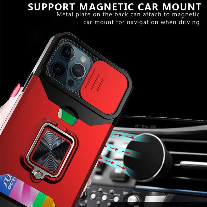 Drop-resistant phone case with sliding window card holder and magnetic suction in black for iPhone 15