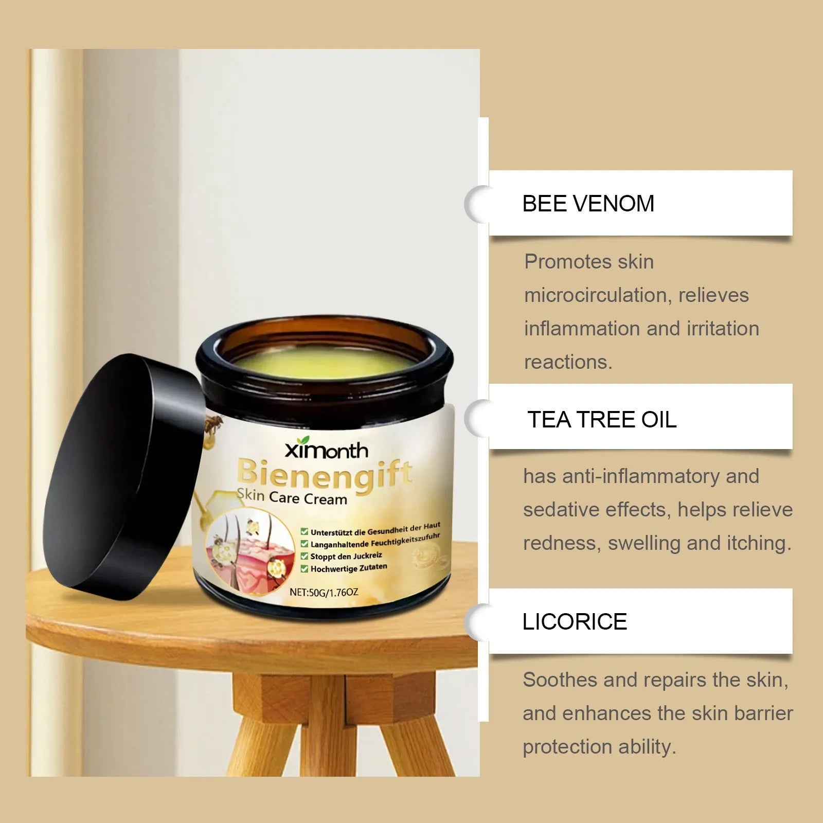 50g jar of bee venom herbal blend neck cream with mint and tea tree oil
