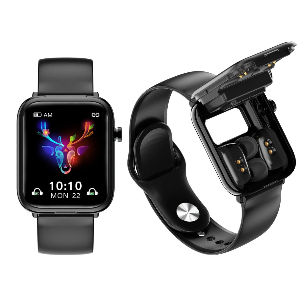 Black smartwatch with touchscreen display and integrated Bluetooth earpieces docked in charging case.