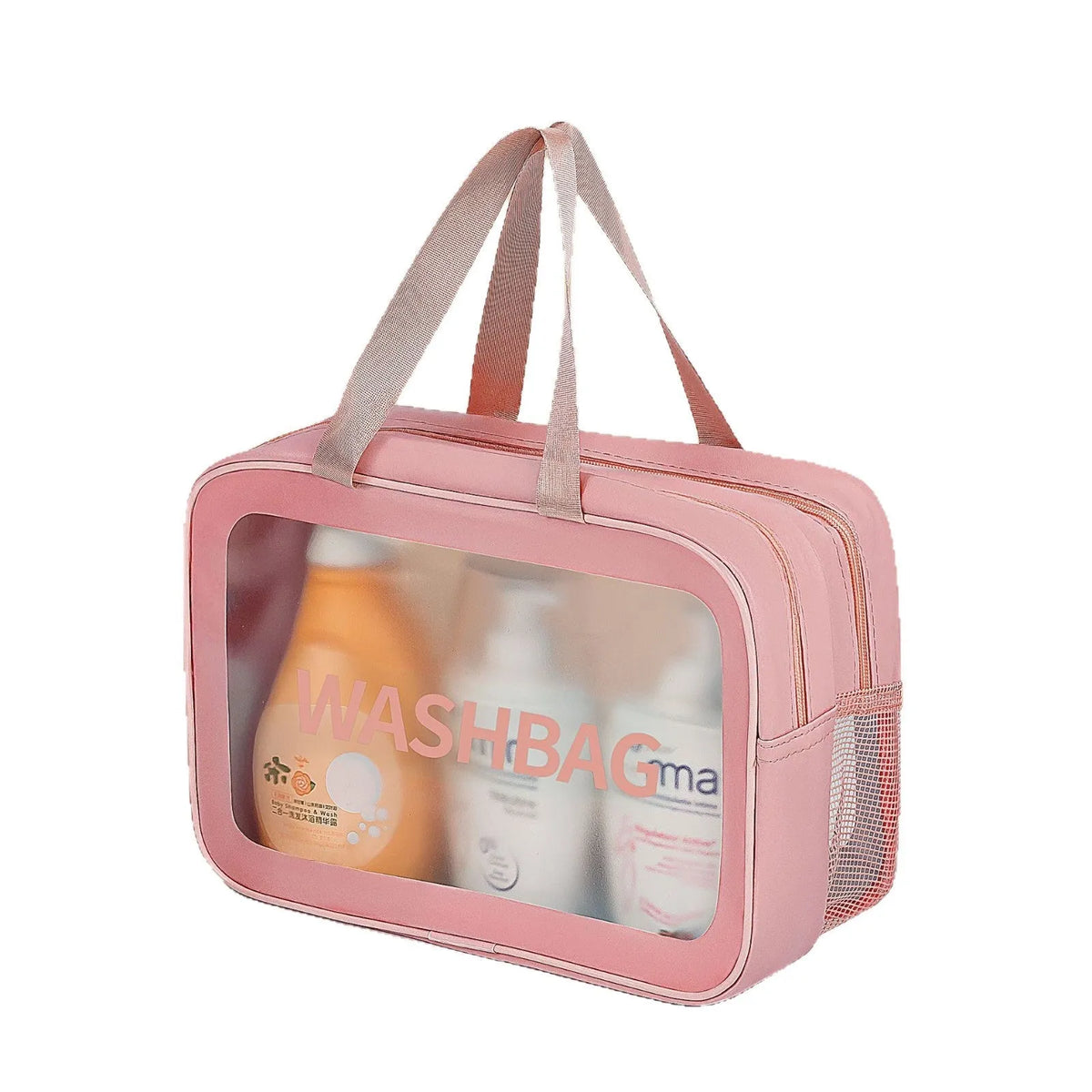 Set of three transparent PVC wash bags in large, medium and small sizes for cosmetics and hygiene storage
