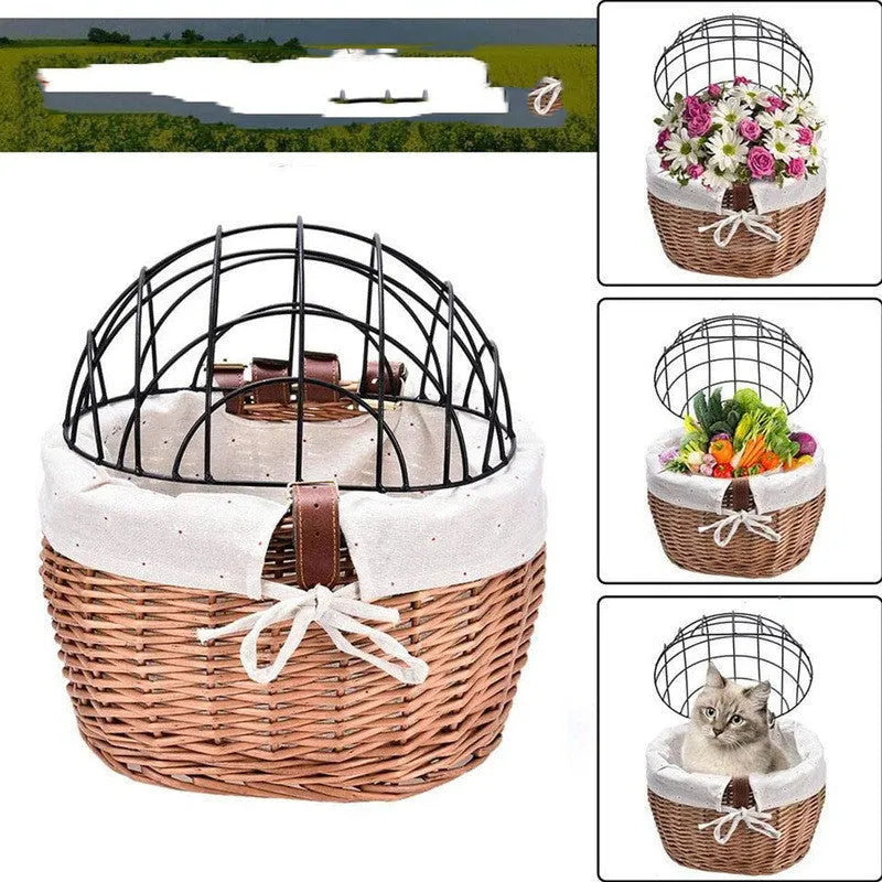 Honey wicker bicycle front handle basket for cats and dogs, medium size, mounted on handlebars