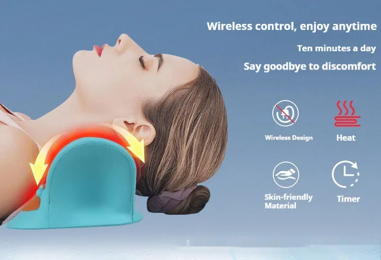 Blue PU leather cervical traction pillow with infrared and red light therapy for neck relief