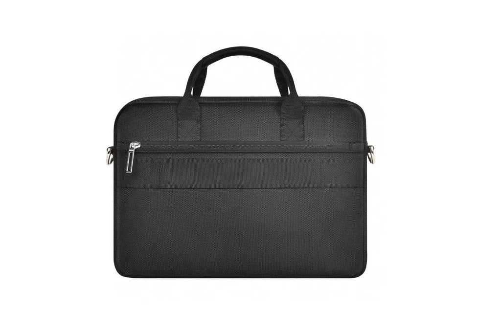 Black oxford cloth laptop handbag showing multiple internal pockets and a lock, suitable for a 14-inch or 15.6-inch computer.