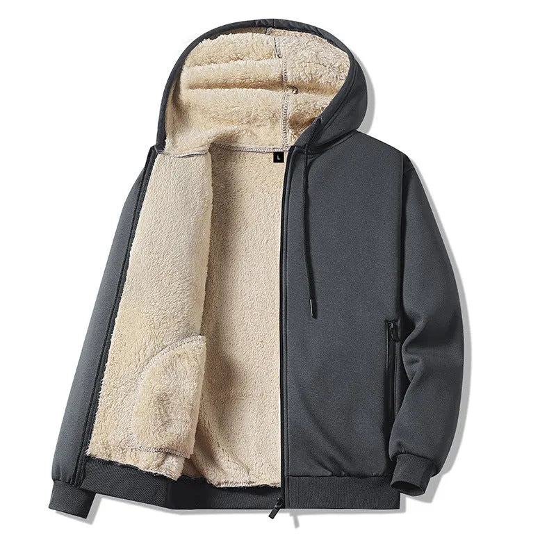 Men's autumn winter hooded jacket and trousers set in gray with wool lining, polyester fabric, sizes M to 5XL
