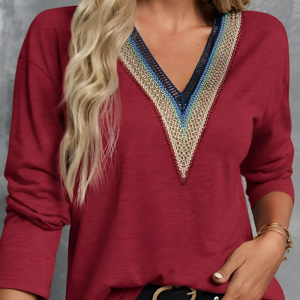 Autumn winter lace spliced V-neck loose long sleeve polyester top in green