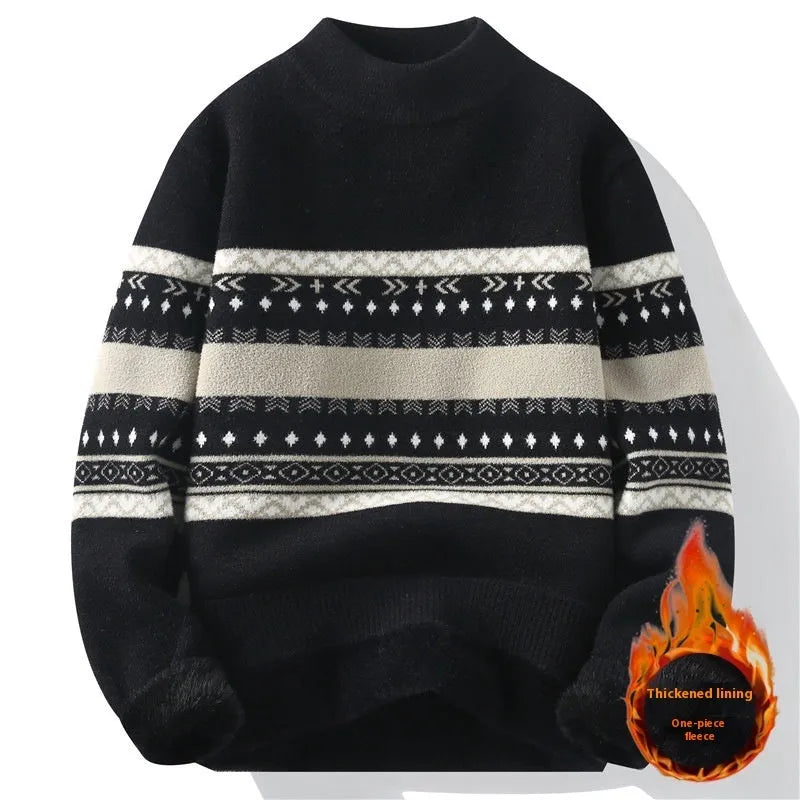 Men's velvet mock neck knitted sweater in dark gray, long sleeves, thickened pullover for autumn winter casual wear