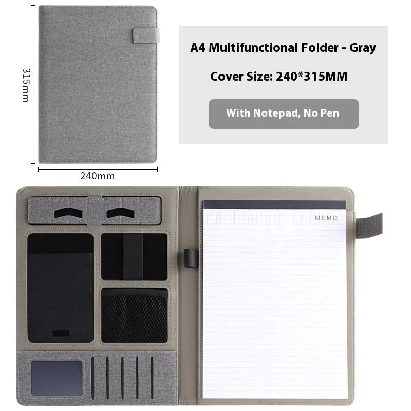 Black leather A4 business folder lying flat, showing its size and pen loop configuration