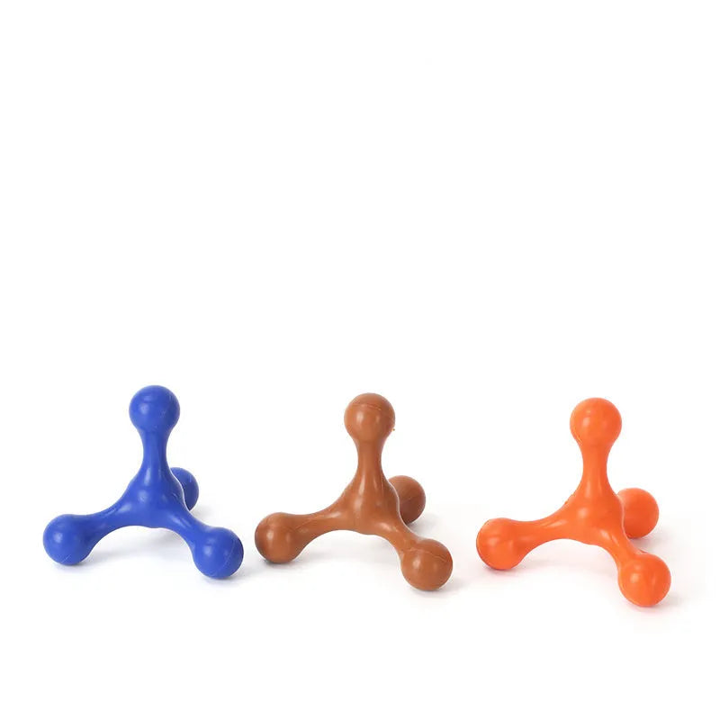 Three-legged silicone chew toy for dogs in blue, green, purple, red colours