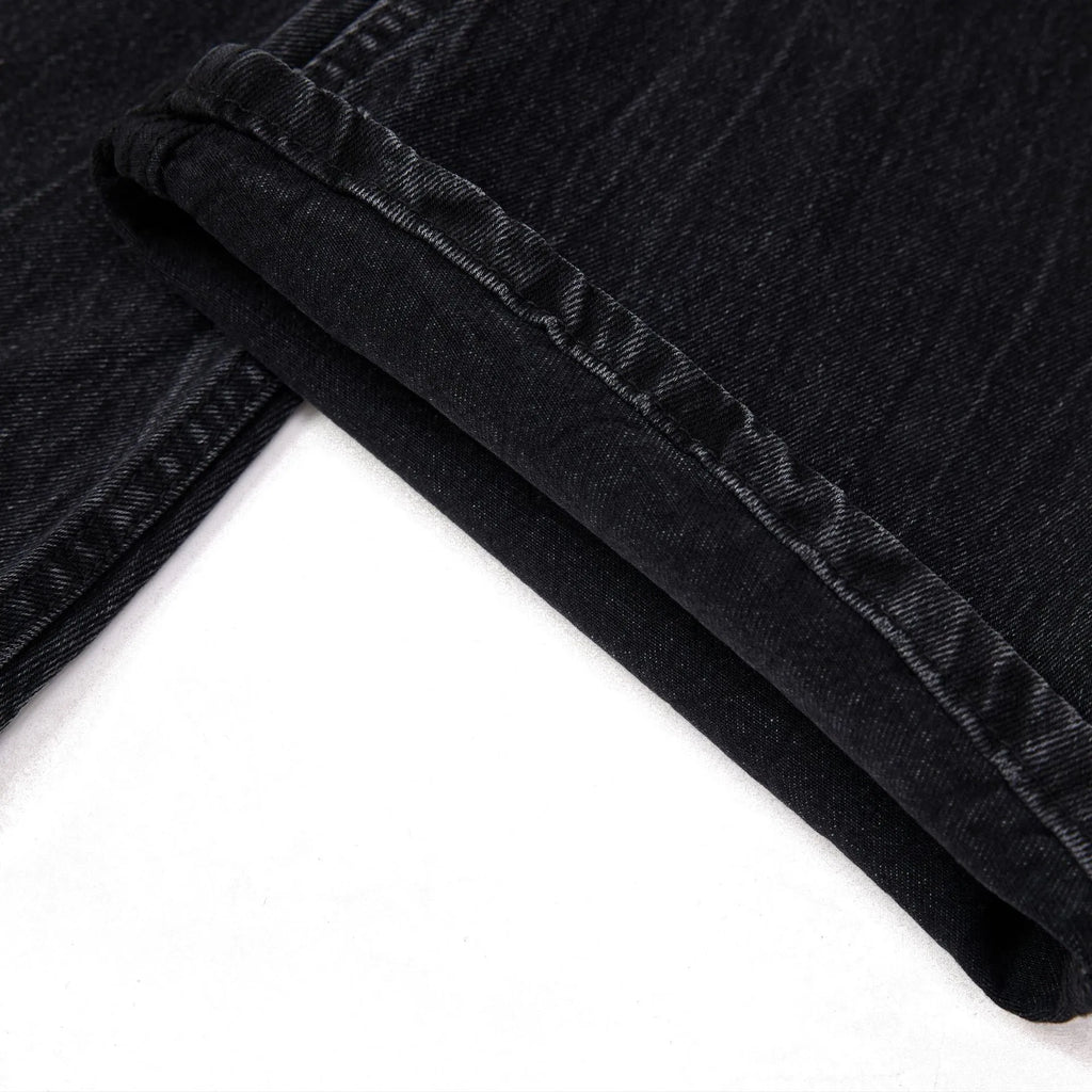 Men's black American washed straight-leg jeans with lightning crack pattern detail