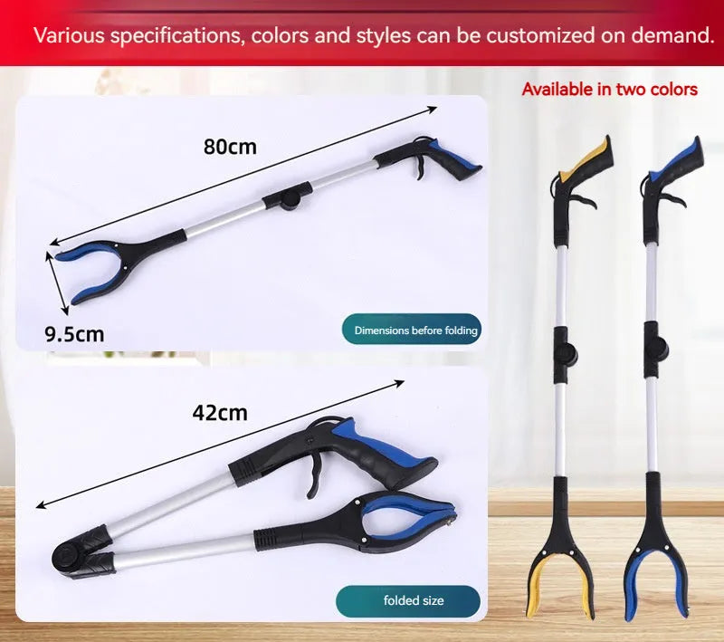 Foldable aluminium garbage clamp with extended 80cm arm and magnet attachment in blue handle colour